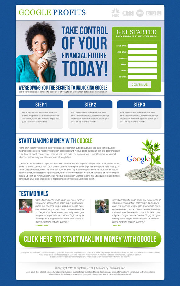 Google money online landing page design example to earn money online with Google.