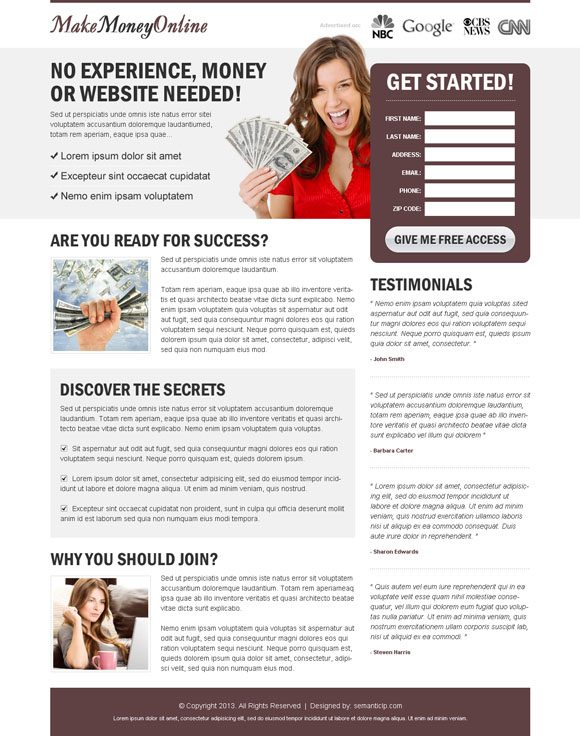High quality effective make money online landing page design example to earn money online.