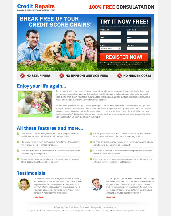High quality professional, nice and clean online credit repair landing page design example for your credit repair business.