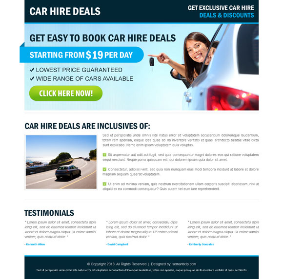 Clean landing page design example for car hire or car rental landing page design.