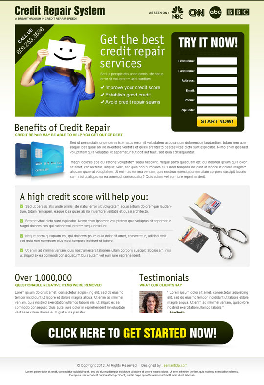 credit repair landing page design