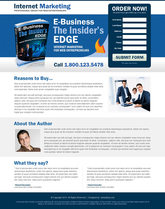Internet marketing landing page design example for internate marketer.