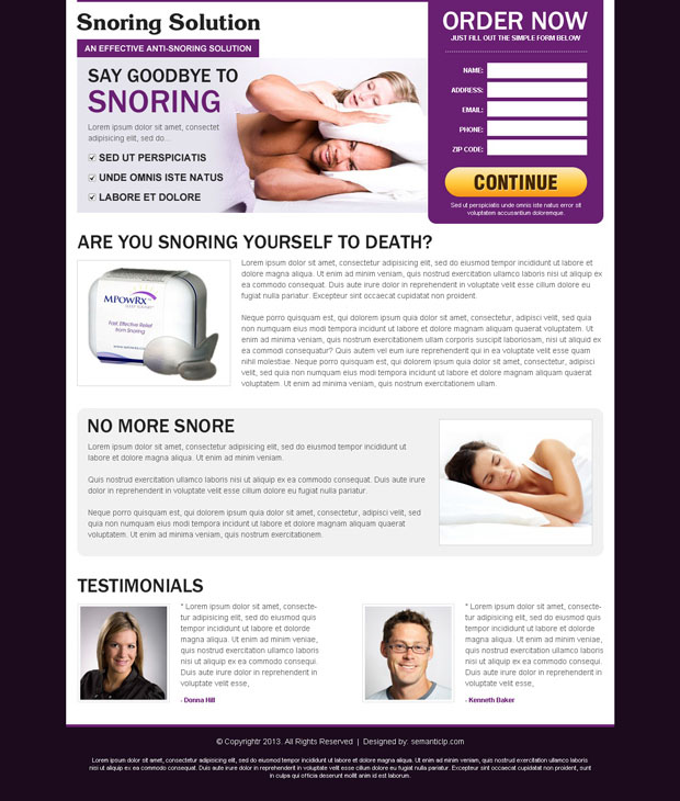 Anti snoring landing page design example for inspiration from our amazing landing page design collection.