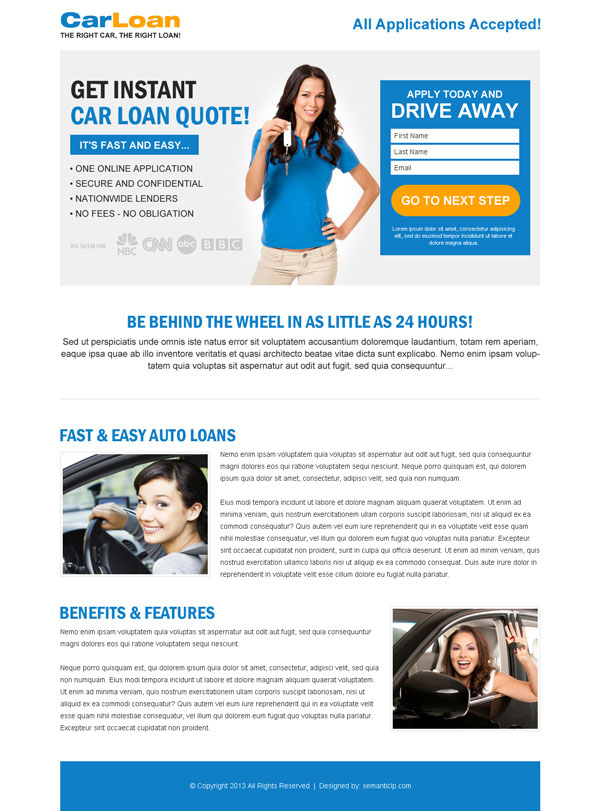 Car loan landing page design templates example to capture leads for car loan business from http://www.semanticlp.com/buy-now1.php?p=895