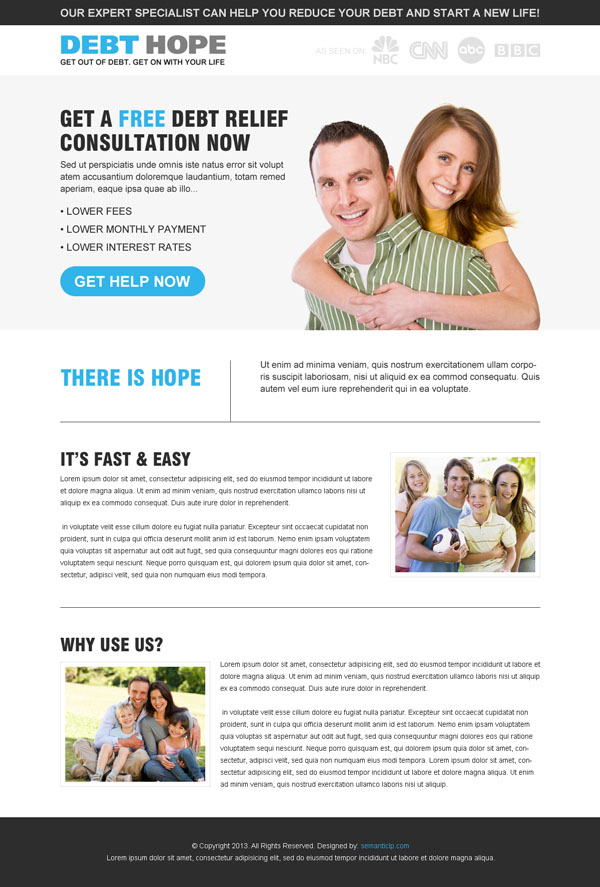 Responsive debt relief landing page design example for your debt relief businss from http://www.semanticlp.com/buy-now1.php?p=905