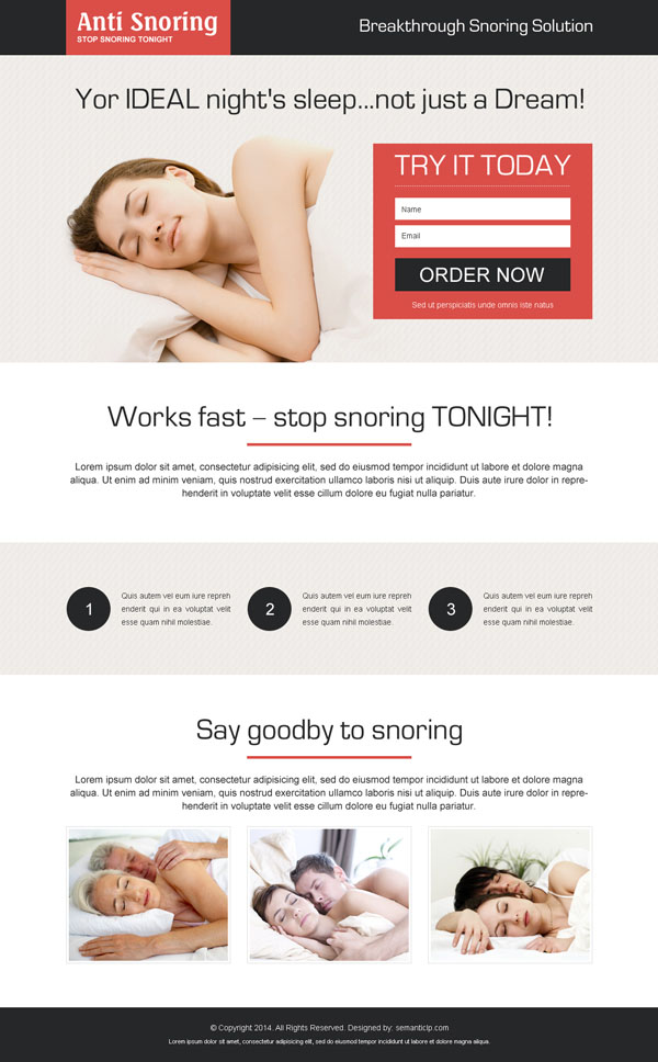 Lead capture anti snoring landing page design template examples from http://www.semanticlp.com/category/lead-capture-landing-pages/