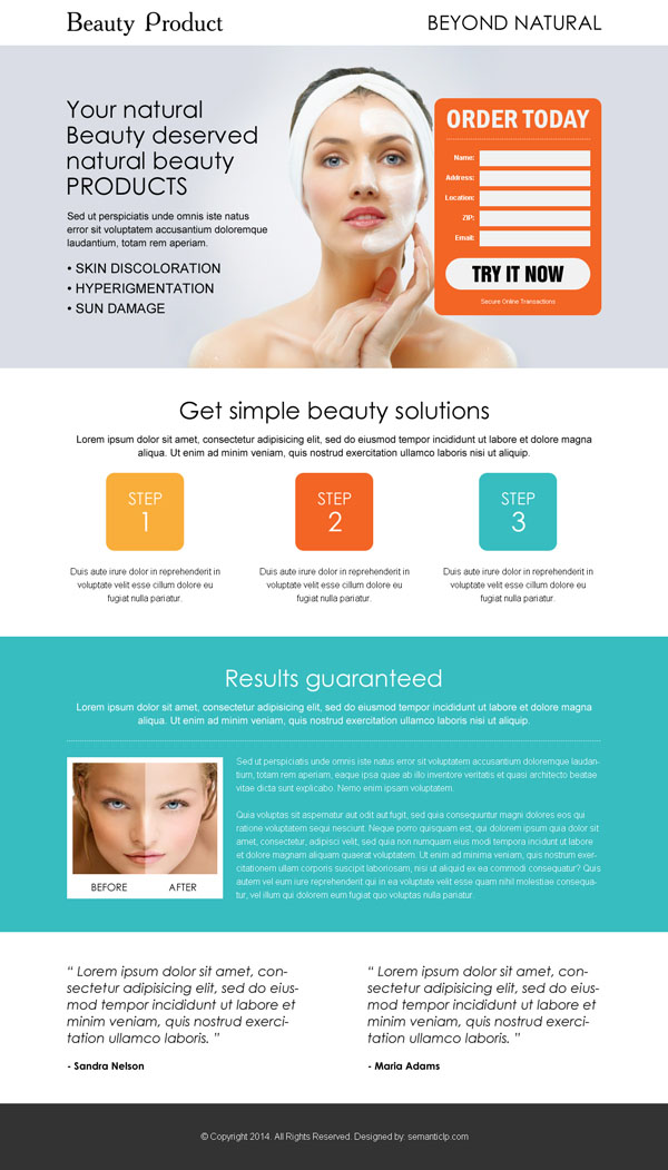 Convertig beauty product landing page design templates example from http://www.semanticlp.com/category/beauty-product/