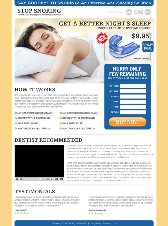 Best anti snoring landing page design to sell your anti snoring product online.