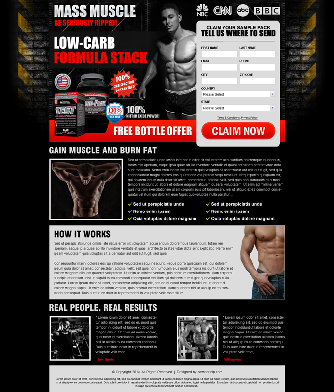 Effective and graphic rich bodybuilding landing page design to sell your body building product or subscription online.