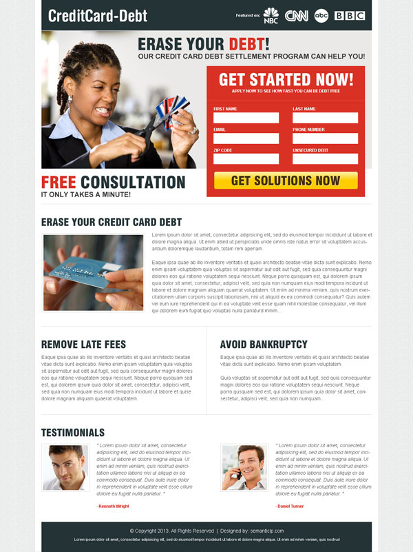 Download high converting professional credit card debt landing page design for your debt relief business. 