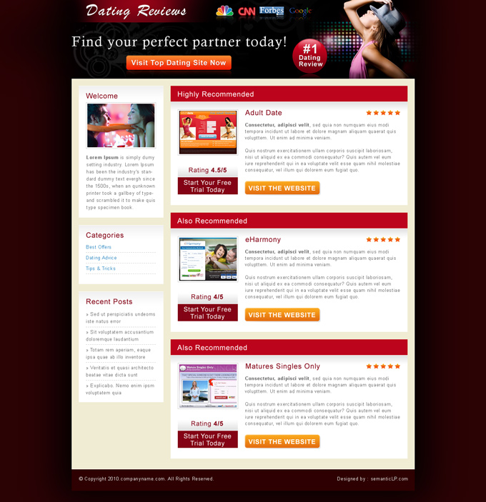 Review landing page design for dating website.