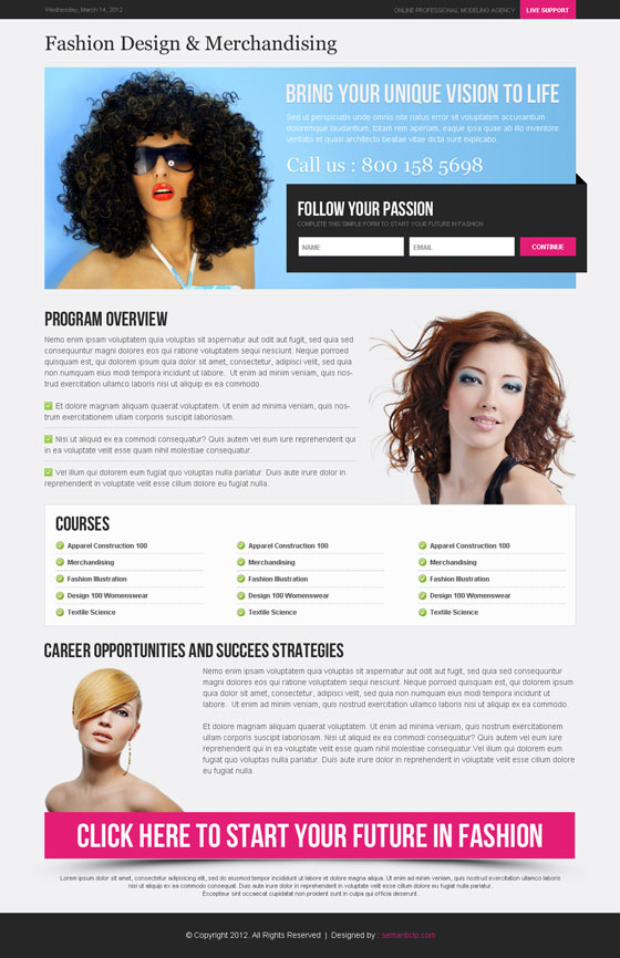 High quality professional fashion landing page design to promote fashion model personal website, blog or profile.