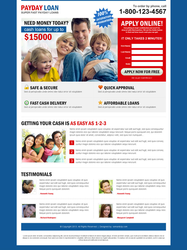 High converting professional payday loan landing page design example for your payday business.