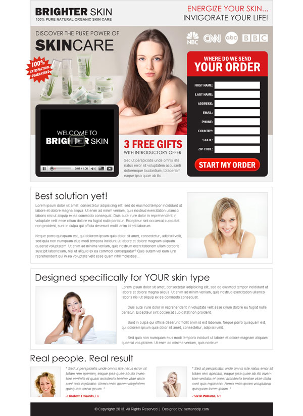 High quality professional skin care landing page design to capture leads and sell your skin care product online.