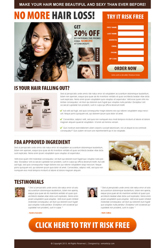 Stop hair loss landing page design sample to sell your hair loss product online and get more traffic and conversion.