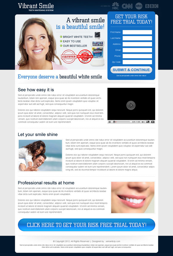 Teeth whitening landing page design example to collect leads and do more sale of your teeth whitening product online.