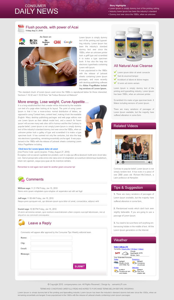 Daily news flogs style landing page design for weight loss product from our creative landing page design collection.