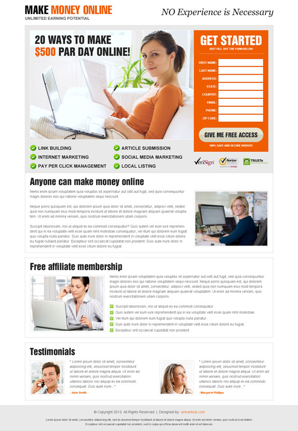 Clean and attractive make money online landing page design 