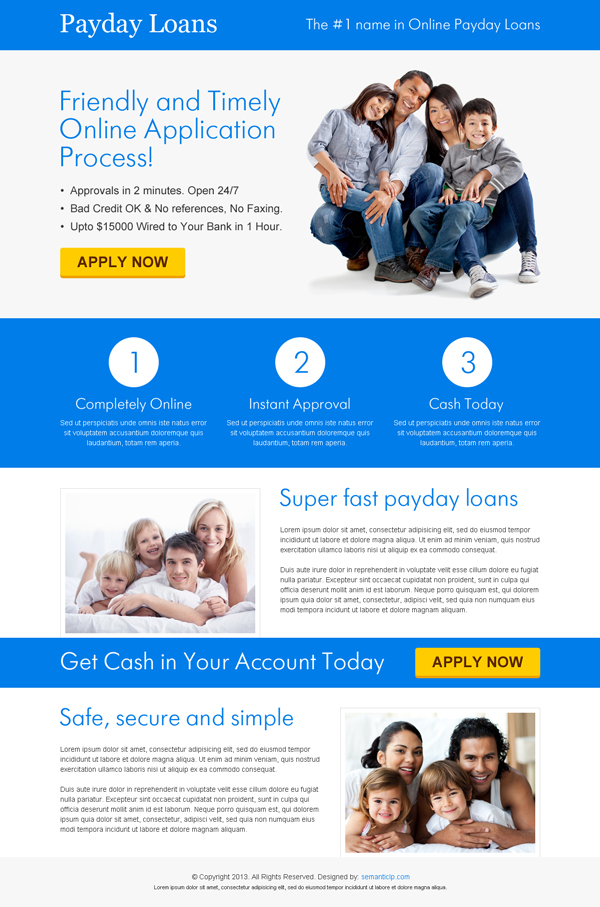 Nice an clean payday loan landing page design for your payday loan business