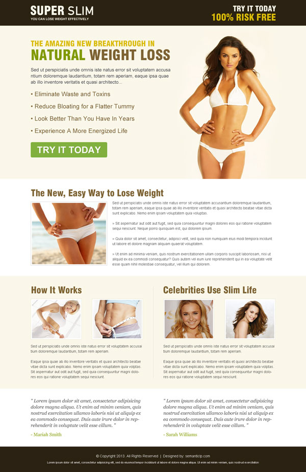 Effective and converting weight loss product review landing page design from http://www.semanticlp.com/category/weight-loss/