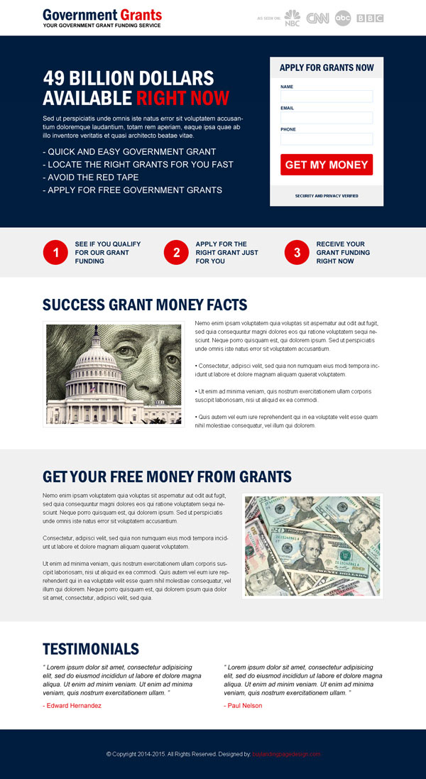 Effective lead capture government grants landing page design templates example from http://www.semanticlp.com/category/government-grants/