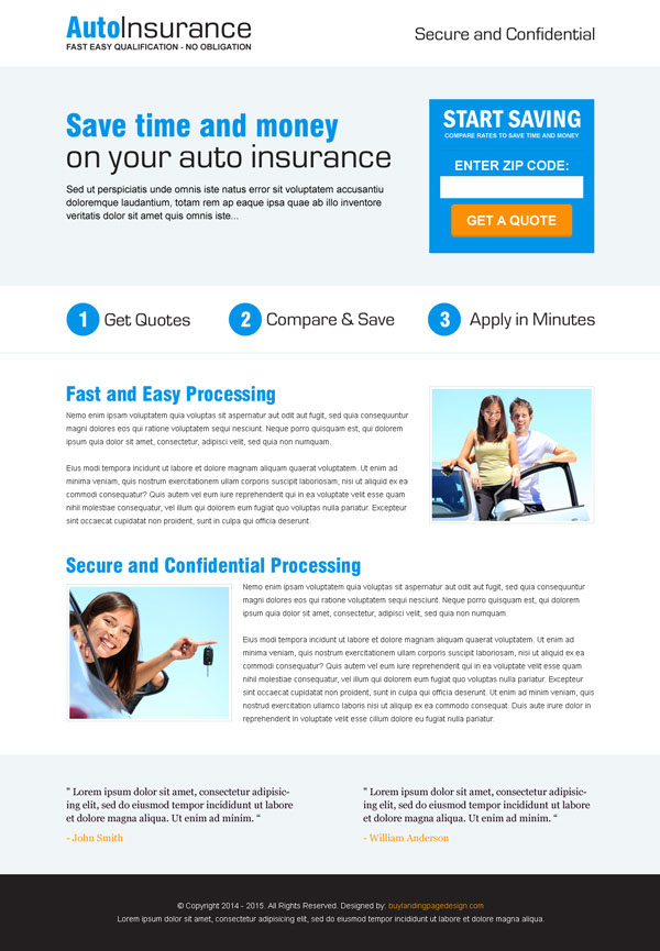 Clean, flat and creative auto insurance responsive landing page design templates from https://www.buylandingpagedesign.com/buy/auto-insurance-quote-by-zip-code-responsive-landing-page-design/9