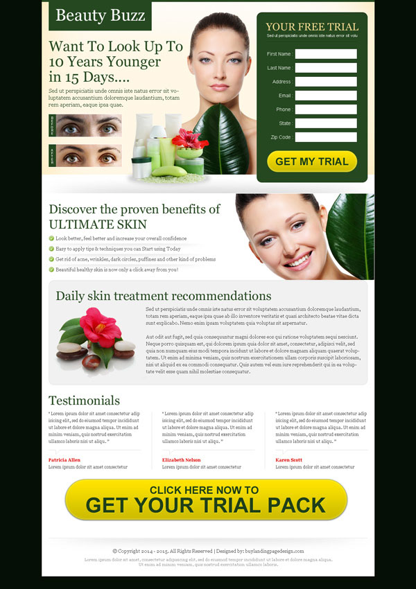 beauty product lead capture landing page design templates to capture quality leads for your online beauty product selling business conversion from https://www.buylandingpagedesign.com/buy/look-upto-10-years-younger-in-15-days-very-attractive-and-converting-landing-page-design/421