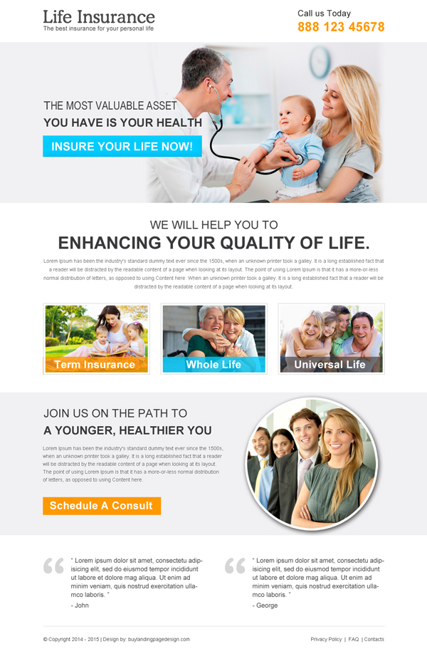 clean life insurance responsive landing page design