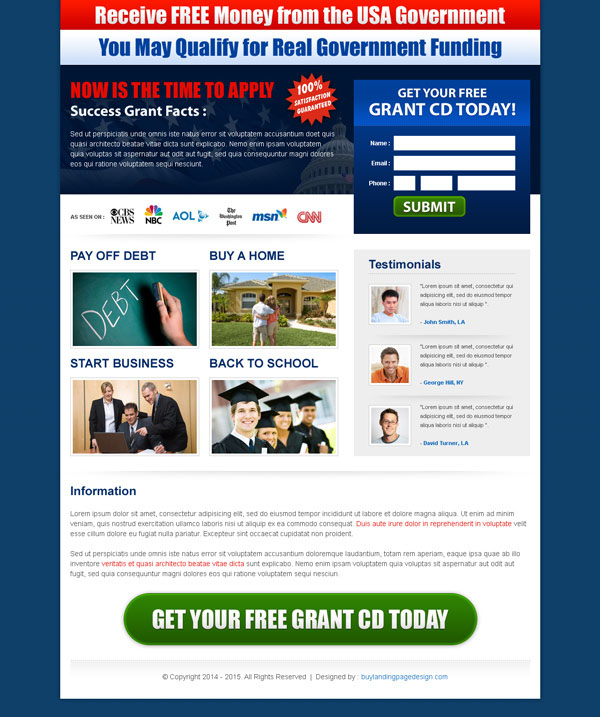 free government grants lead capture effective landing page design templates to capture effective leads for your government grants money in USA business conversion from https://www.buylandingpagedesign.com/buy/receive-free-money-from-the-usa-government-squeeze-page-design/243