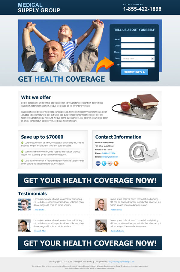 high converting medical lead capture squeeze page design templates to boost your medical business service conversion from https://www.buylandingpagedesign.com/buy/health-coverage-lead-capture-clean-landing-page/289