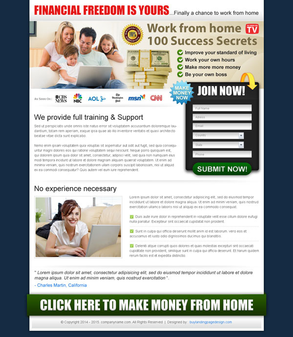 work from home converting lead capturing squeeze page design templates examples to earn money by doing work from home templates from https://www.buylandingpagedesign.com/buy/work-from-home-success-secrets/68