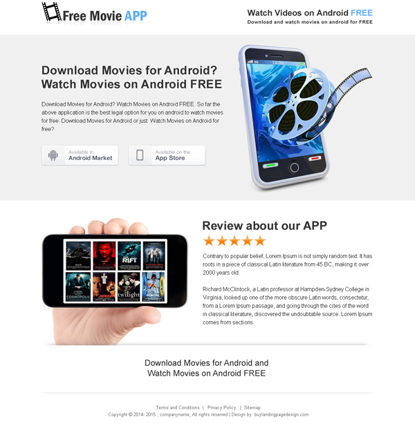 free movie download clean and responsive app landing page design