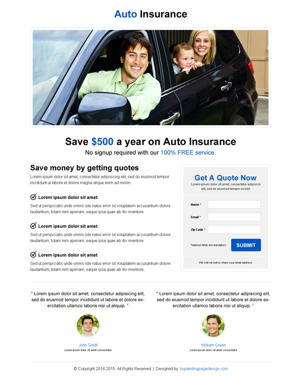 minimal looking responsive landing page design for auto insurance