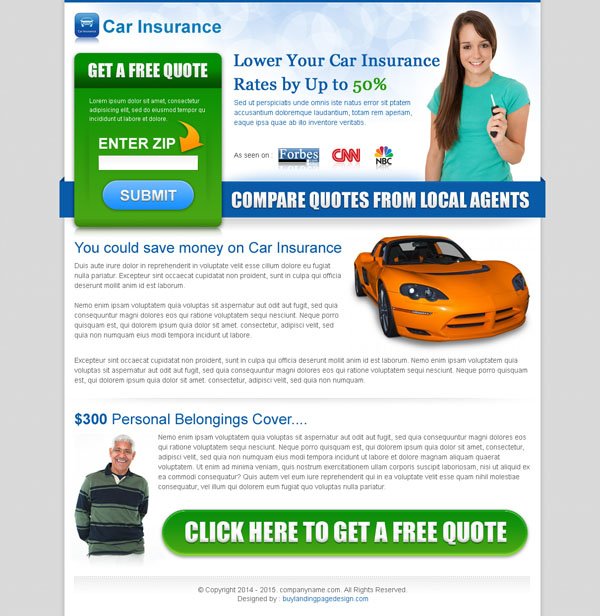 Auto insurance zip code capture for instant quote landing page design ...