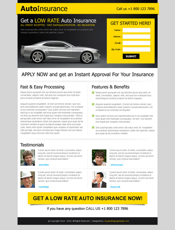 Get free auto insurance quotes long lead capture static landing page ...