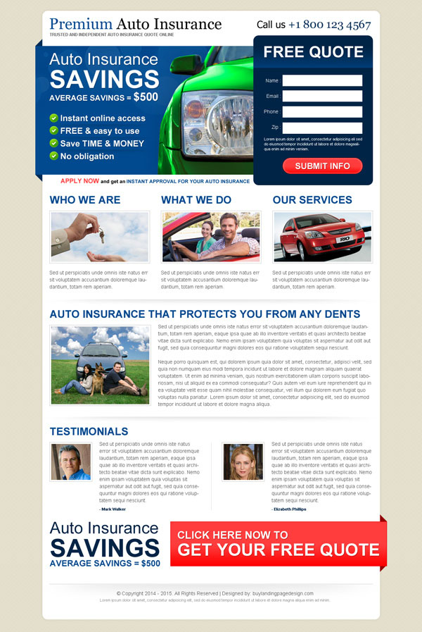 Quick, easy, free auto insurance quote lead capture landing page ...