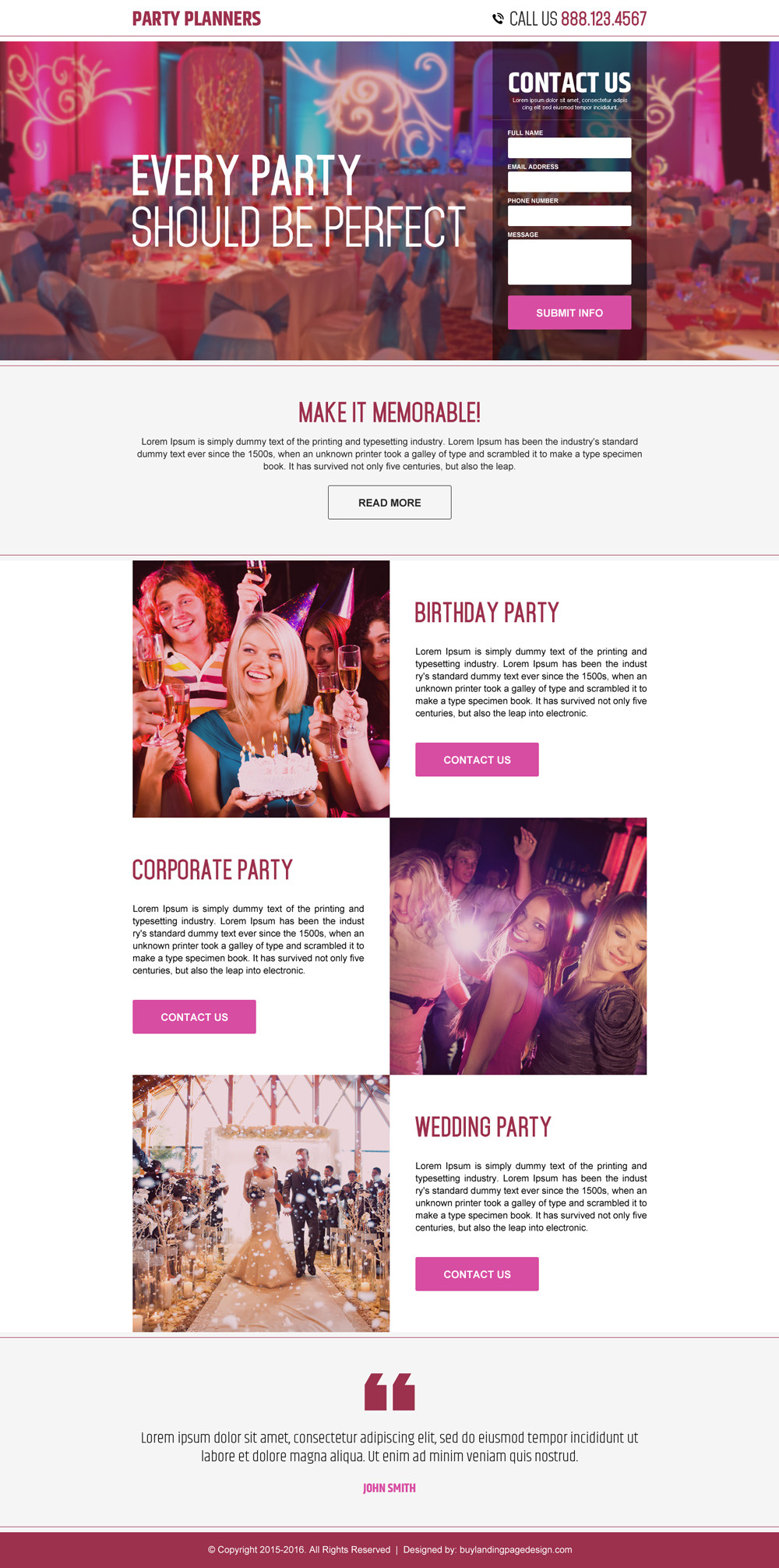 party planners lead capture landing page