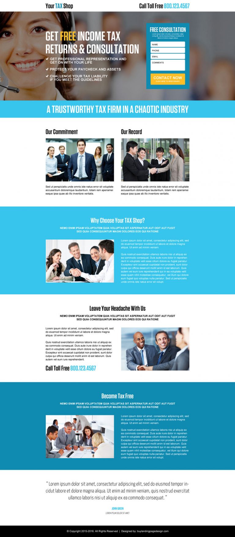 Professional and clean tax relief service landing page design