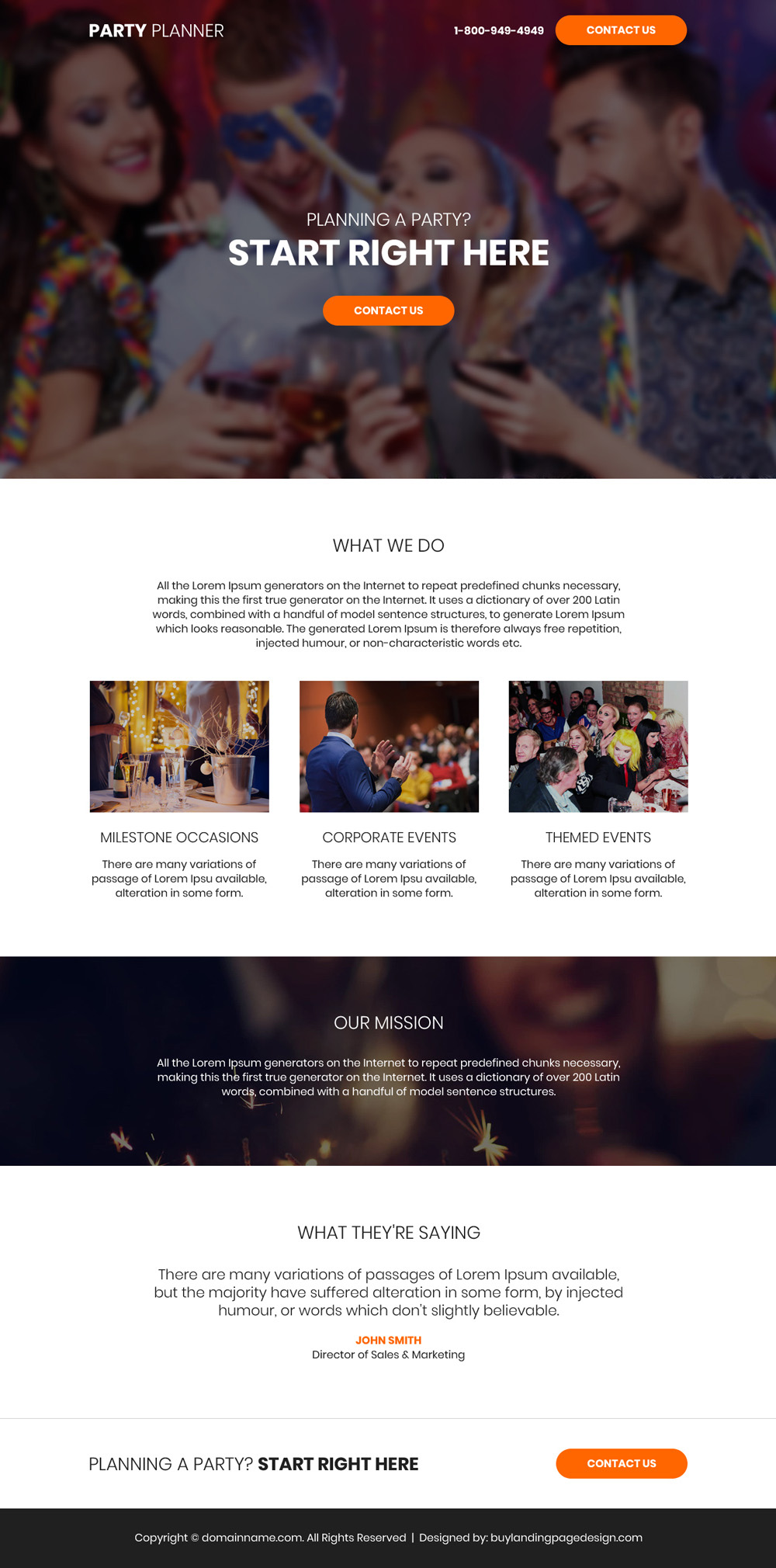 party planners lead generating landing page