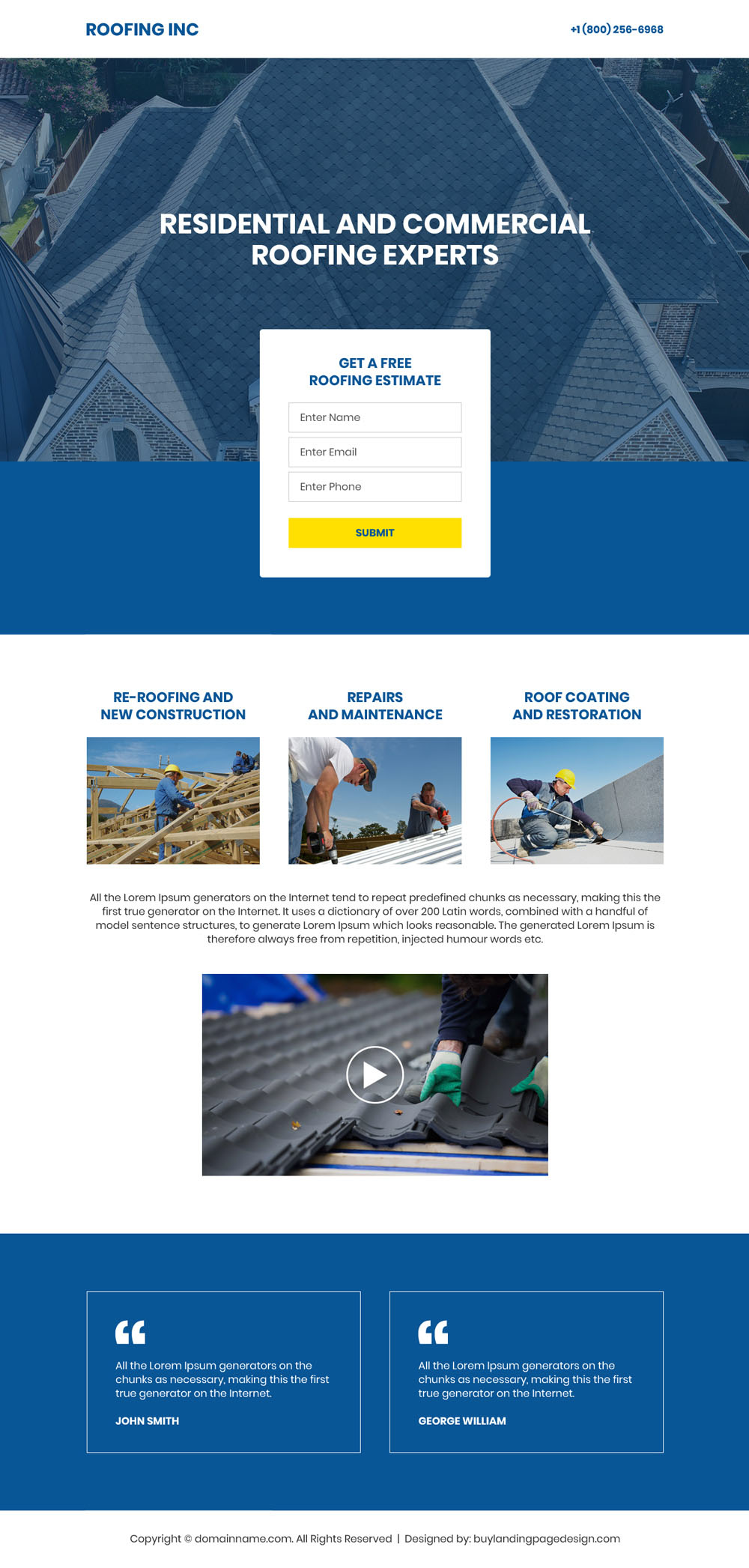 Residential and commercial roofing experts free estimate landing page