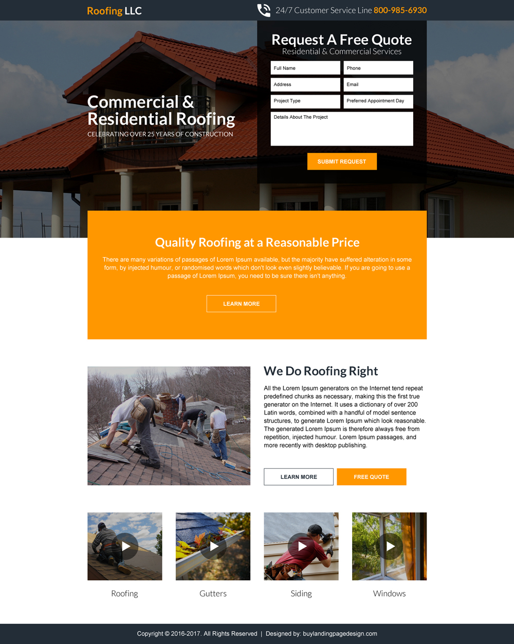 Commercial and residential roofing free quote clean landing page