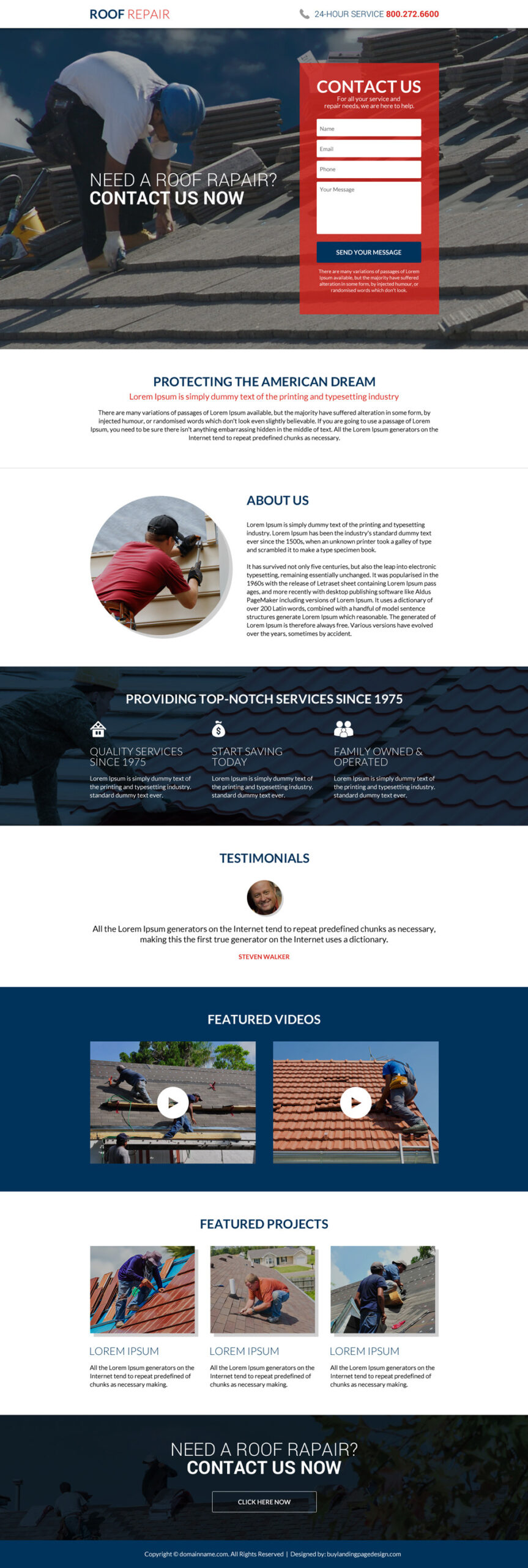 Modern roofing repair lead generating landing page