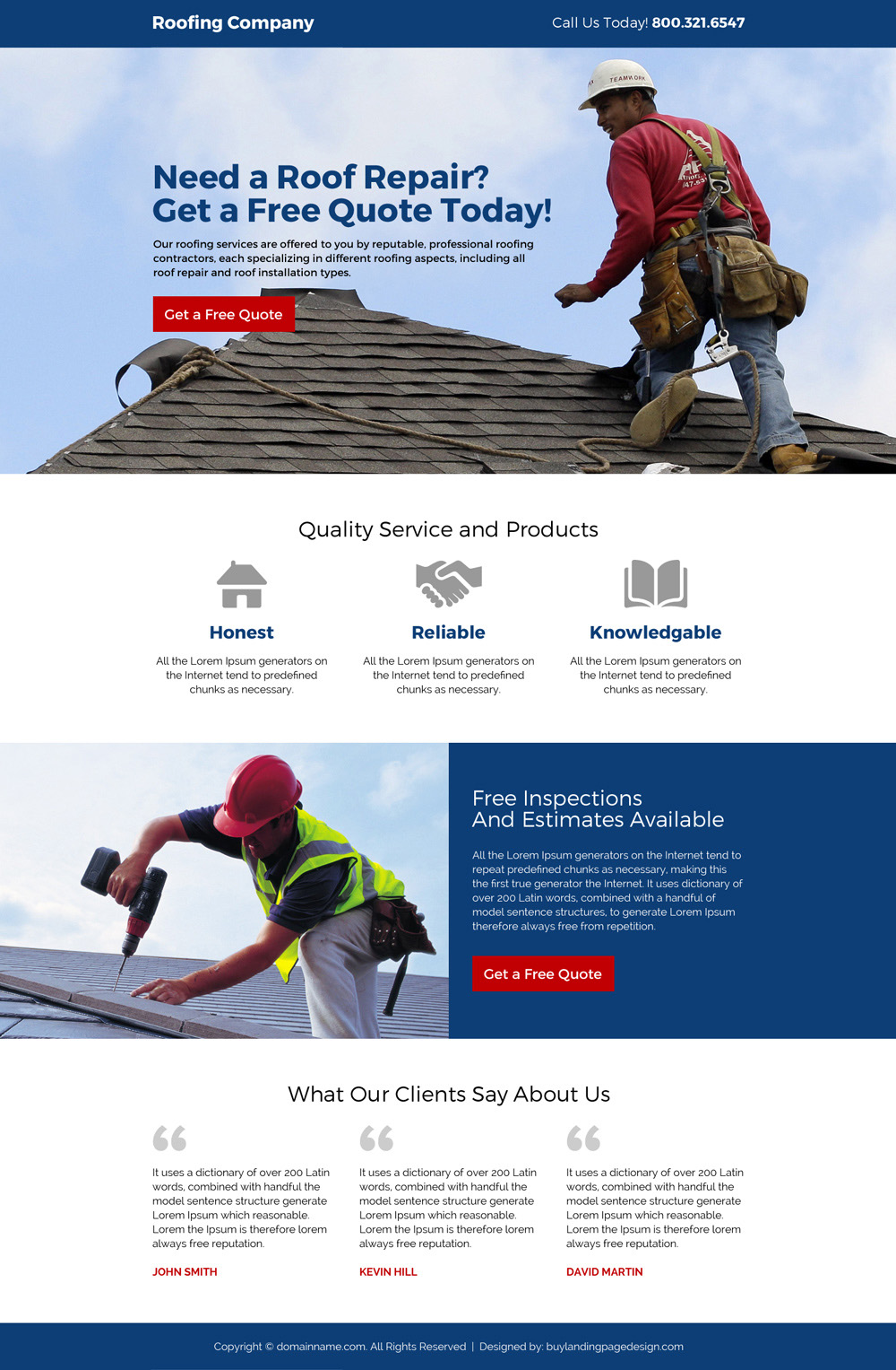 Roof repair free inspection minimal landing page