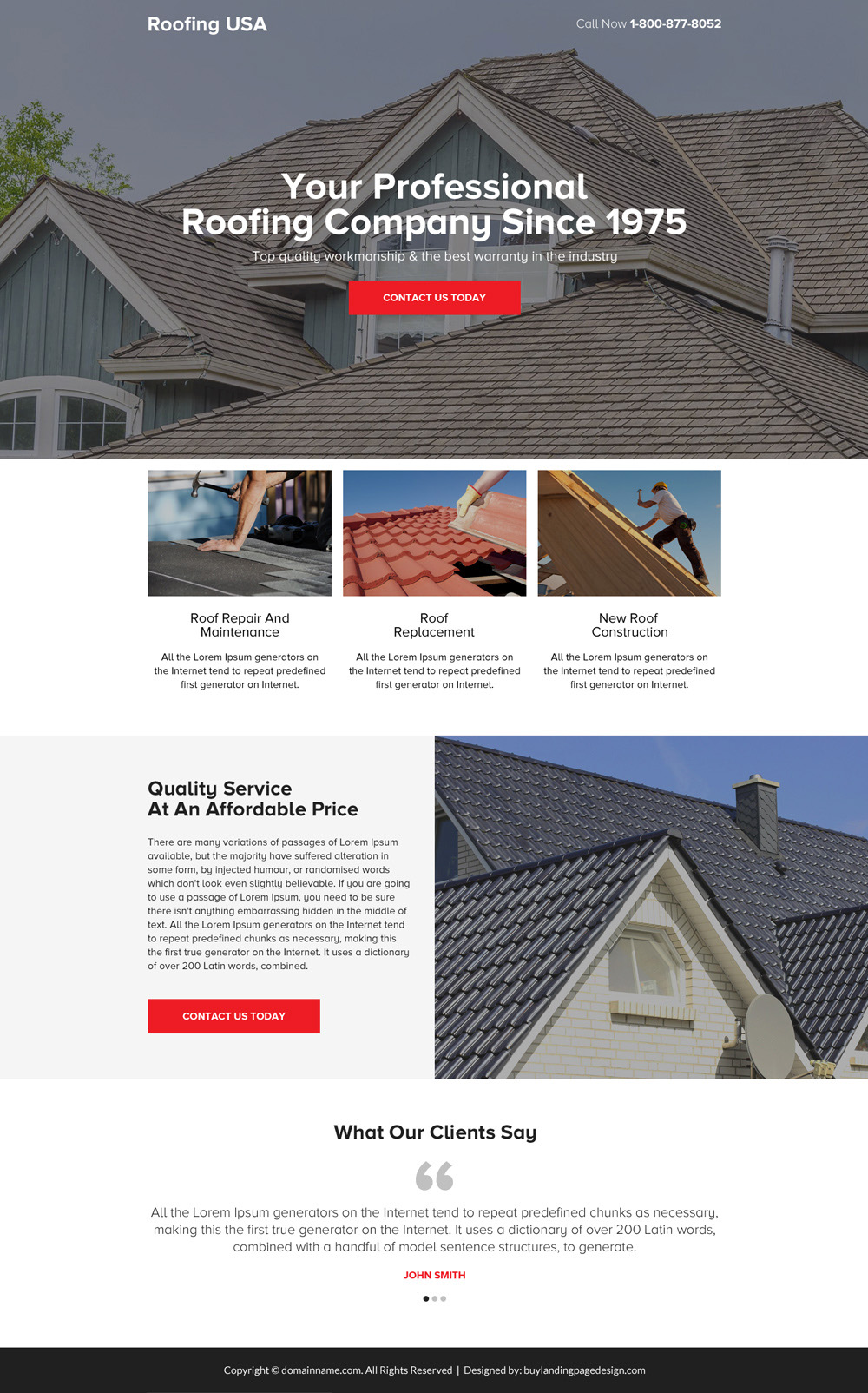 Professional roofing company minimal landing page