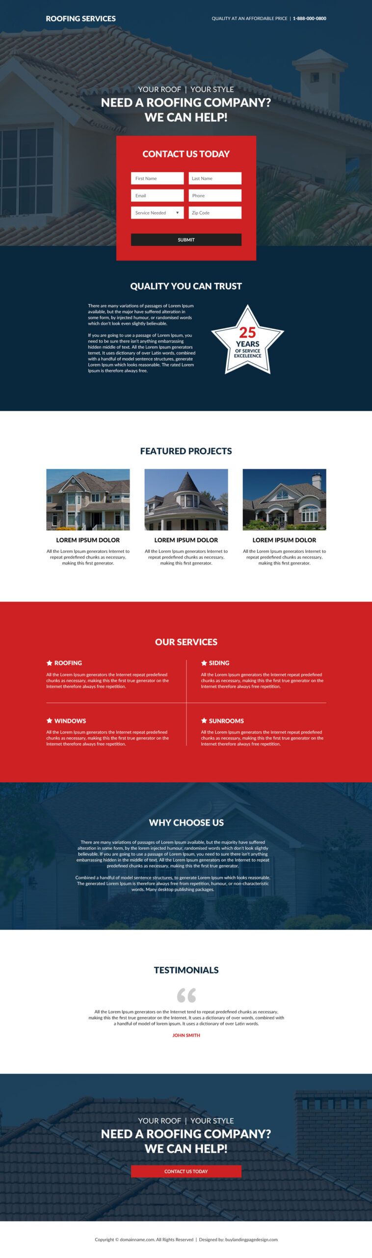 Roofing company lead generating responsive landing page