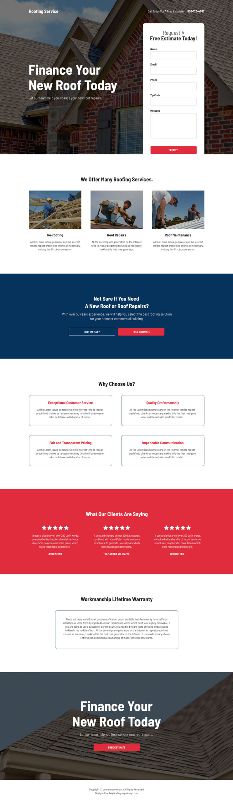 Roof repair service free estimate responsive landing page