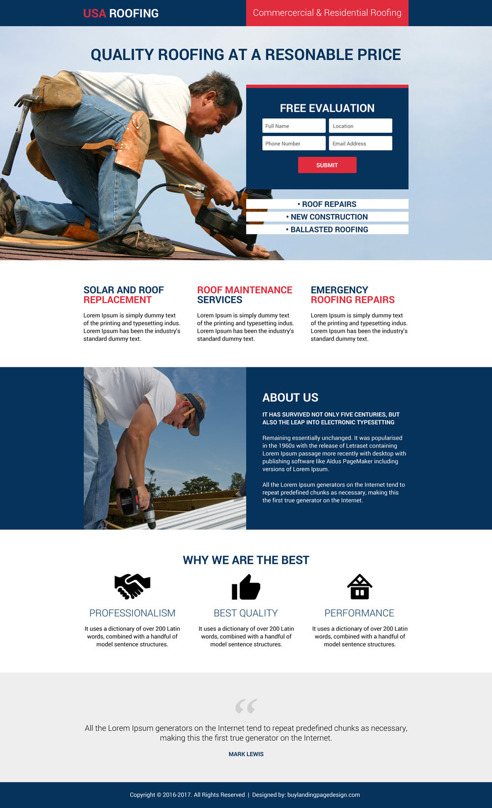 Quality roofing service responsive landing page