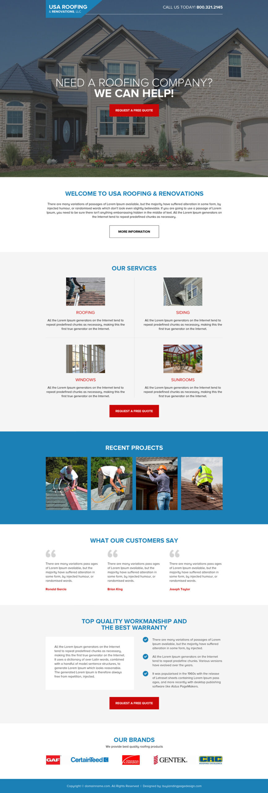 USA roofing and renovation company landing page