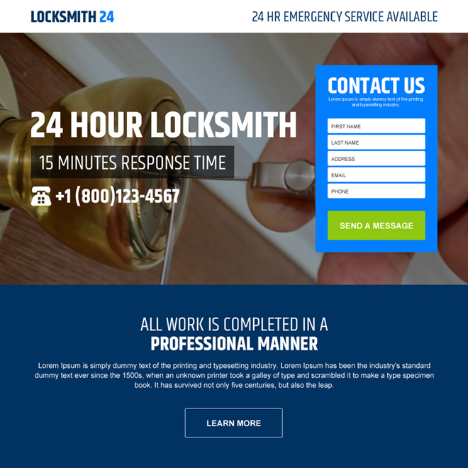 24 hours locksmith service converting responsive landing page design