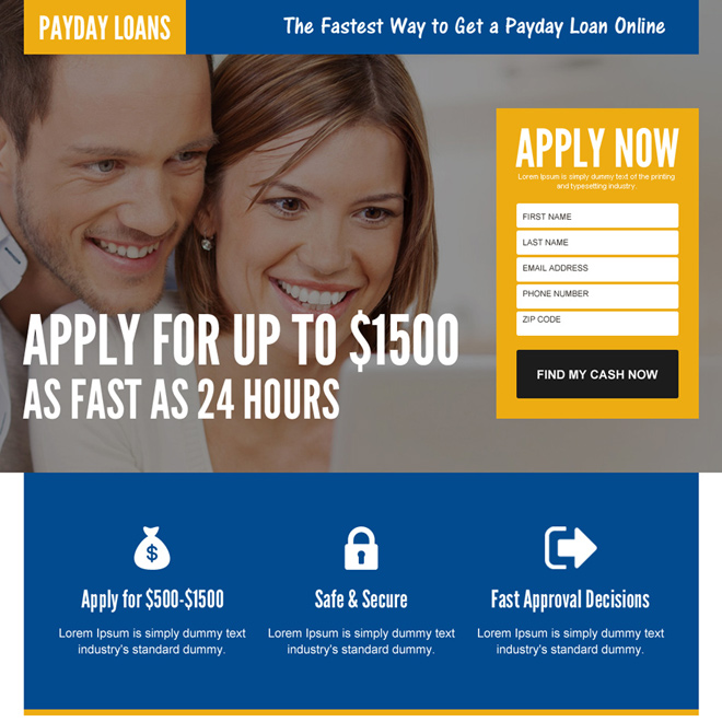 24 hours payday cash loan lead funnel mobile friendly landing page